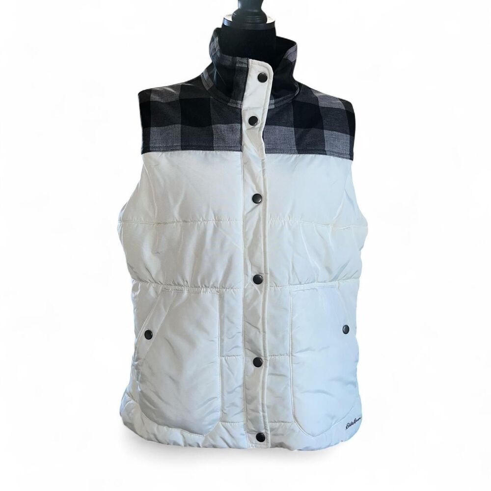 Eddie Bauer Women's White and Gray Plaid Puffer Vest SZ L